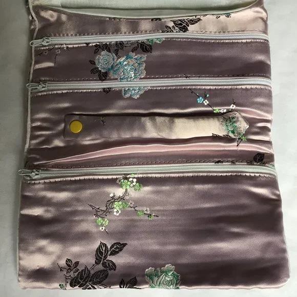 Vintage Pink Satin Jewelry Roll with Bonsai Tree and Rose Design - Picture 3 of 4